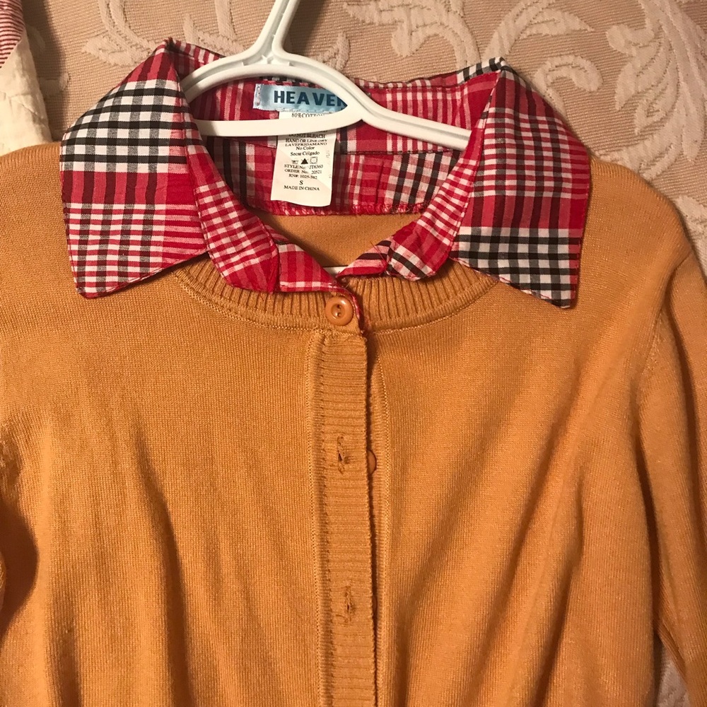 Button up gold sweater with plaid collar